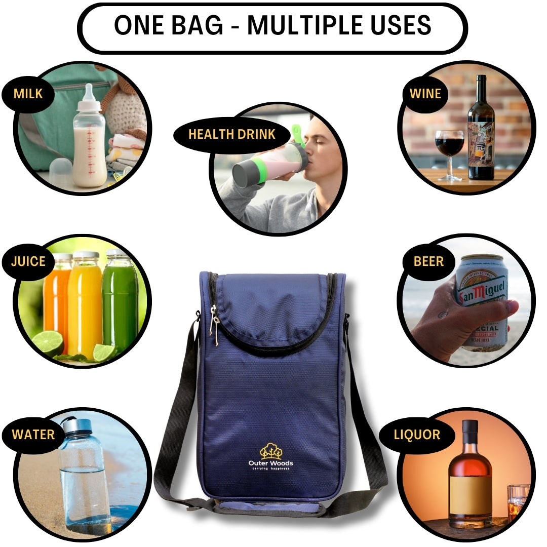 Outer Woods Nylon Insulated 2 Bottle Bag, 360° Insulation and Portable Padded Protection for Glass Bottles, Ideal for Carrying Wine, Beer, Whisky, Vodka, Soda, Juice, Milk and Water