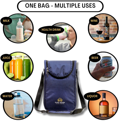 Outer Woods Nylon Insulated 2 Bottle Bag, 360° Insulation and Portable Padded Protection for Glass Bottles, Ideal for Carrying Wine, Beer, Whisky, Vodka, Soda, Juice, Milk and Water