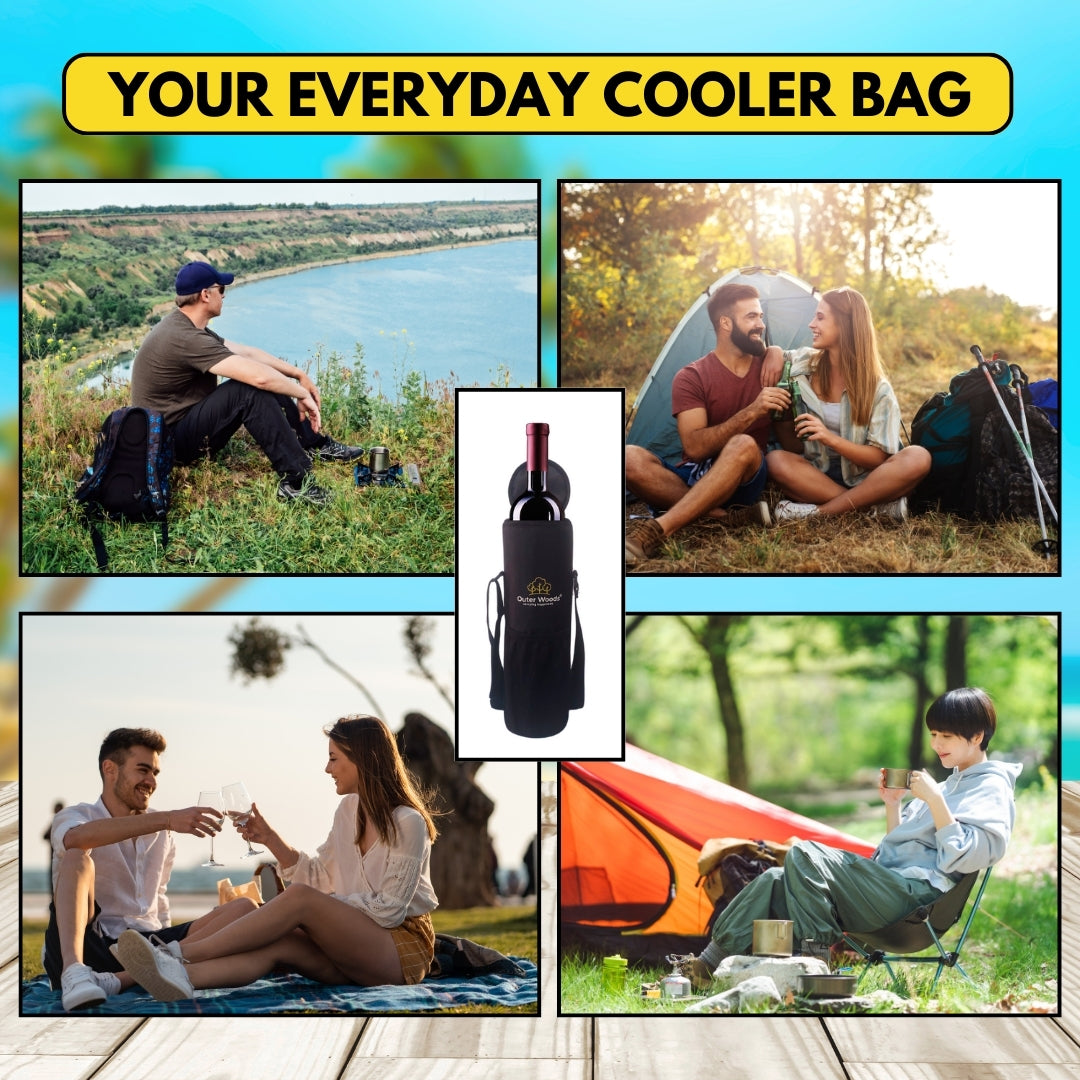 Outer Woods Insulated Cooler Bag for 1 Bottle with Adjustable Strap, Compact Wine Bottle Carrier for Travel & Outdoor, 6+ Hours Cooling, Beverage Cooler Bag