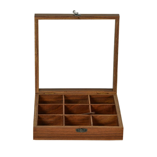SuperGeneriX Wooden Spicebox with 9 Containers | Compact & Sustainable Masala Box with Spoon & Glass Lid for Kitchen | Rustic Wooden Spice Storage for Herbs & Spices (7.5