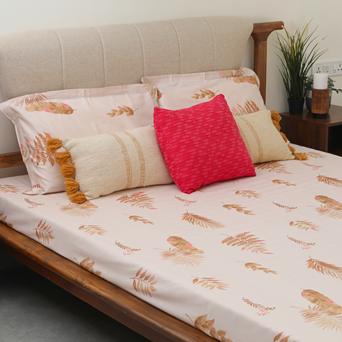 bellolin 100% Cotton 300TC King Size Bedsheet with 2 Pillow Covers (9ft x 9ft | 108 x 108 Inch | Light Orange, Leaf Pattern) Soft and Breathable Pure Cotton Flat Sheets for King, Queen, Double Beds