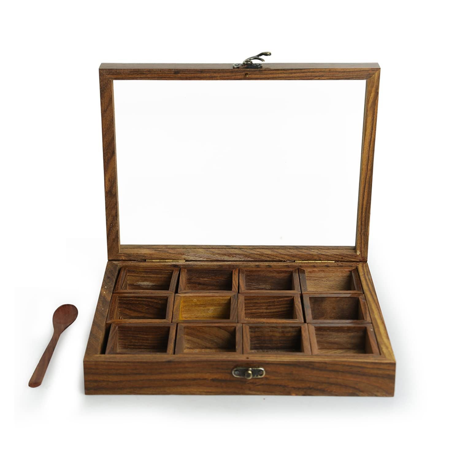 SuperGeneriX Sheesham Wooden Spicebox with 12 Containers with Spoon & Glass Lid, Compact & Sustainable Masala Box with S