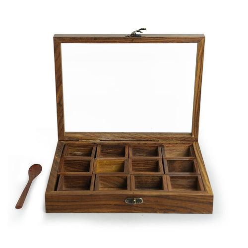 SuperGeneriX Sheesham Wooden Spicebox with 12 Containers with Spoon & Glass Lid, Compact & Sustainable Masala Box with Spoon for Kitchen, Rustic Sheesham Wood Spice Storage for Herbs & Spices