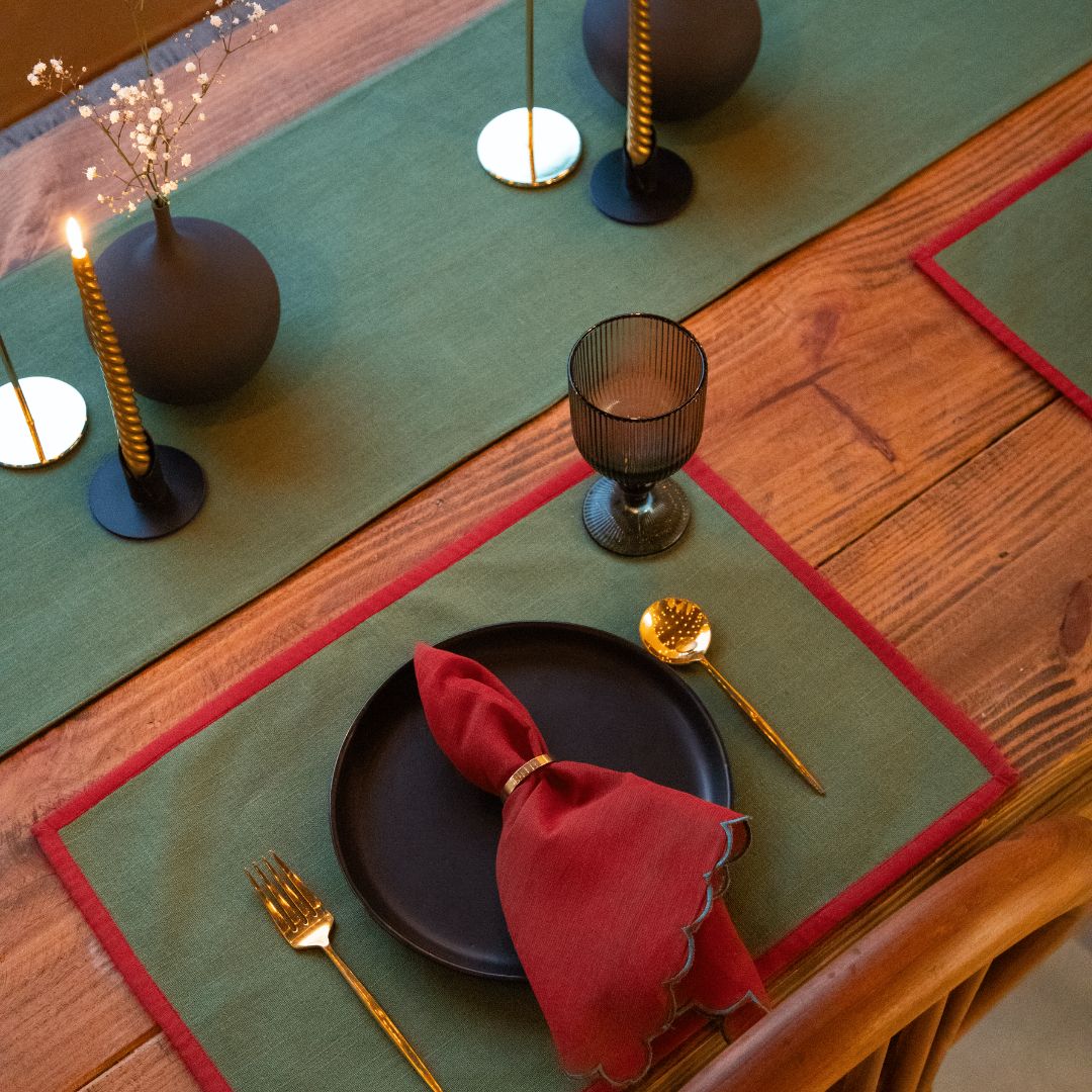 Holy Grail Homes Fairy Forest 100% Organic Cotton Table Linen Set of 6 Placemats, 6 Napkins, 1 Table Runner, Nature Inspired Yarn Dyed Chambray Fabric for Dining Room, Kitchen & Special Occasions