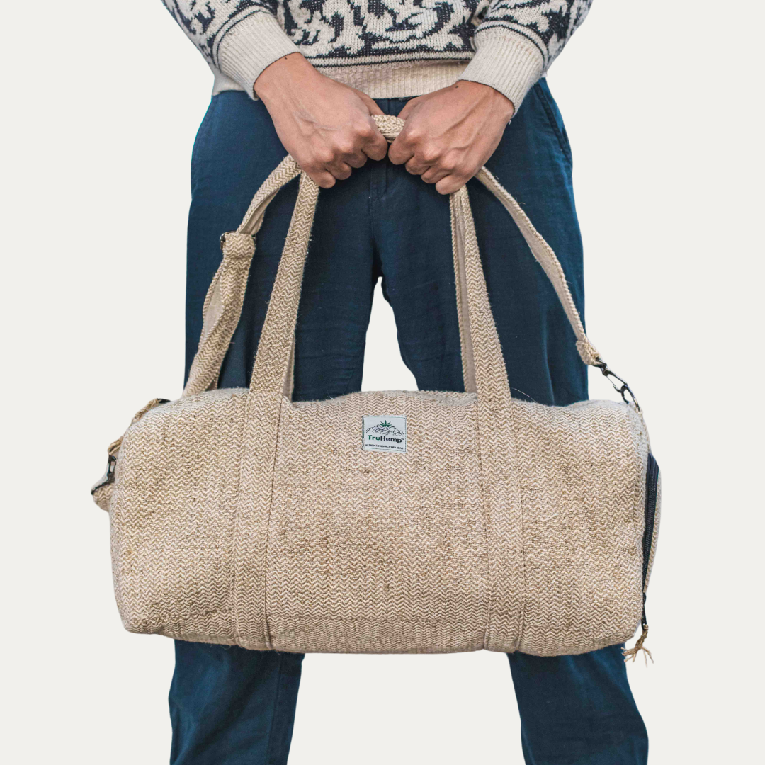 TruHemp Hemp Duffle Bag– Natural Travel Gym Bag with Shoe Compartment, Durable 30L Capacity with Dual YKK Zippered Sections