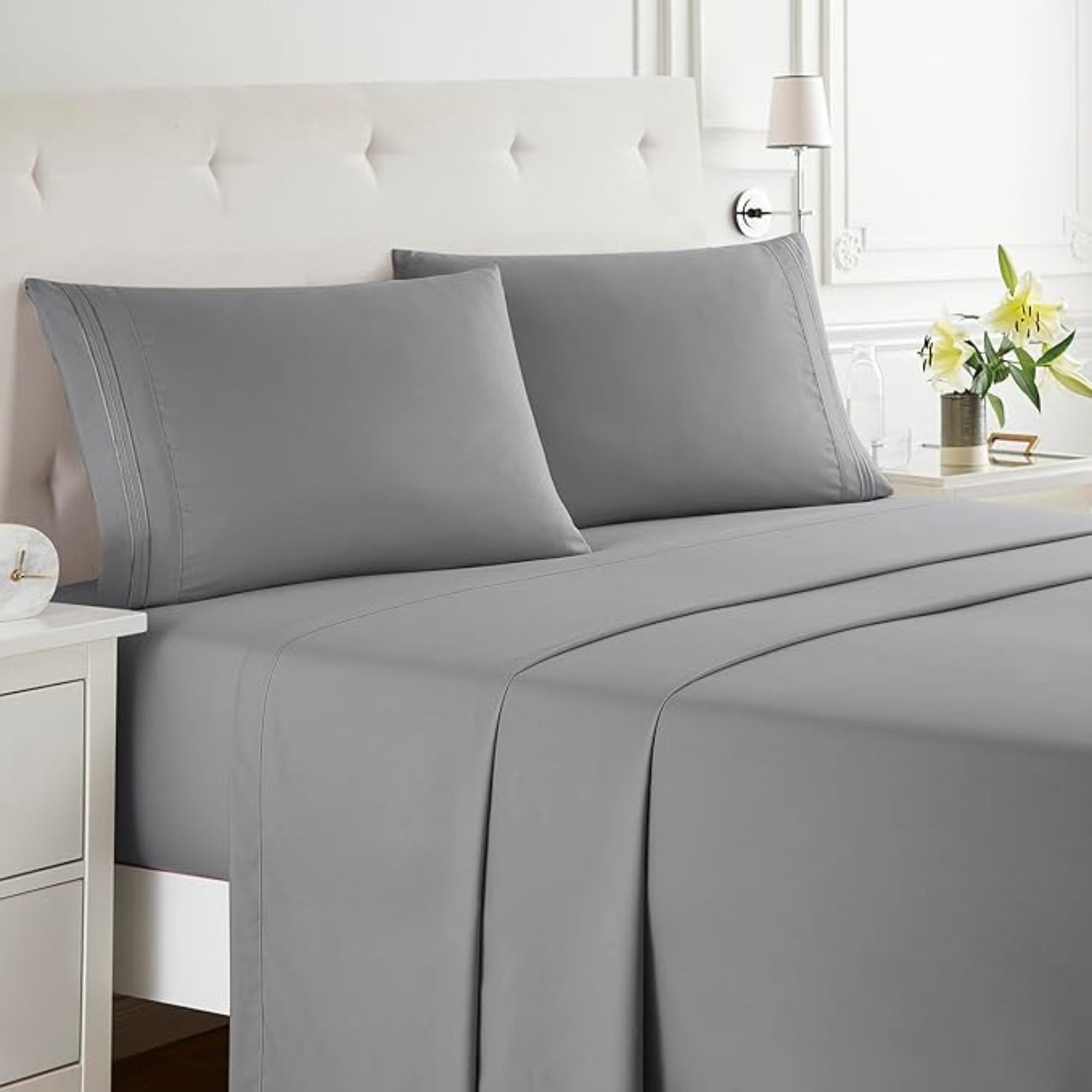 bellolin 100% Cotton Bed Sheet Set with Deep Pocket, 400 Thread Count Extra Soft Bed Sheet, Cooling Sheet with 2 Pillow Covers - 4 Piece Set