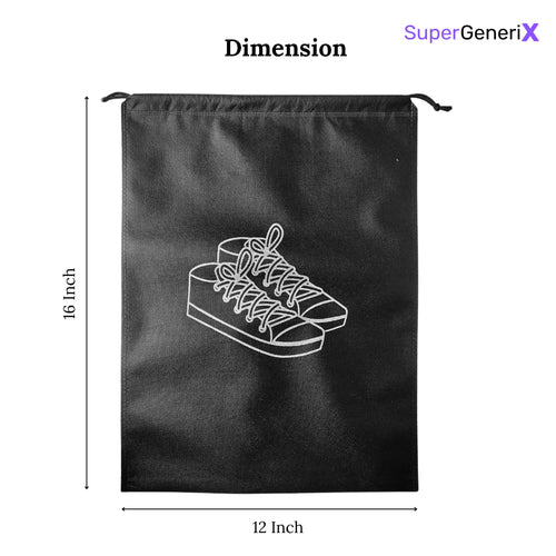 SuperGeneriX Premium Shoe Cover Bags| Large 16x12 Travel Shoe Pouches | Non-Woven, Dustproof Storage Bags | Drawstring Closure, No Window – Classic Black
