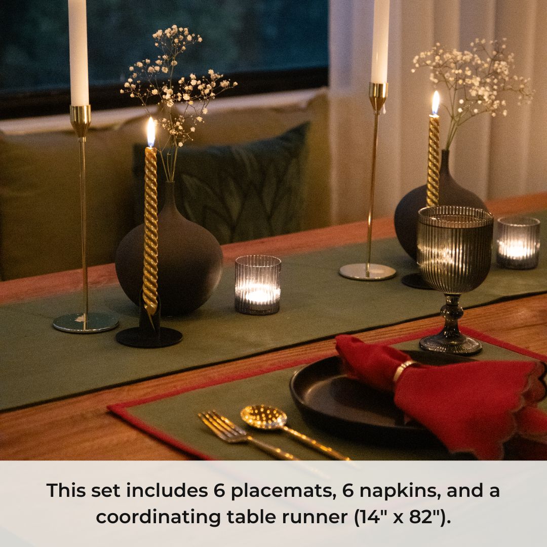 Holy Grail Homes Fairy Forest 100% Organic Cotton Table Linen Set of 6 Placemats, 6 Napkins, 1 Table Runner, Nature Inspired Yarn Dyed Chambray Fabric for Dining Room, Kitchen & Special Occasions