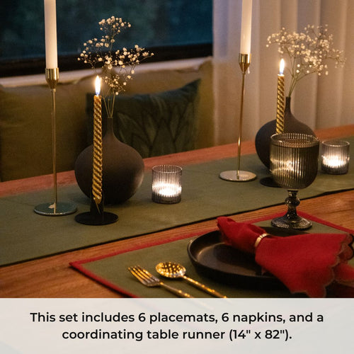 Holy Grail Homes Fairy Forest 100% Organic Cotton Table Linen Set of 6 Placemats, 6 Napkins, 1 Table Runner, Nature Inspired Yarn Dyed Chambray Fabric for Dining Room, Kitchen & Special Occasions