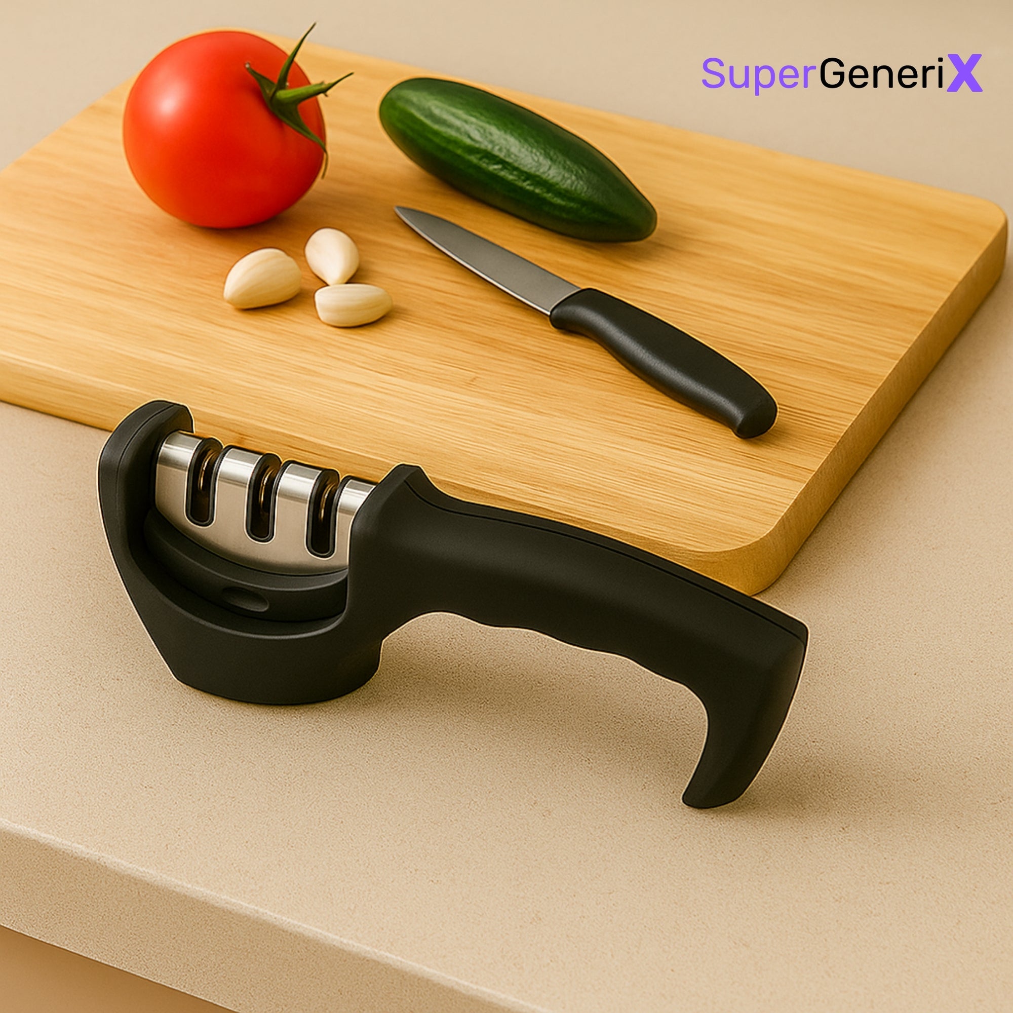 SuperGeneriX 3-Stage Manual Knife Sharpener for Kitchen – Coarse, Diamond & Ceramic Slots | Non-Slip Base, Safe Grip Han