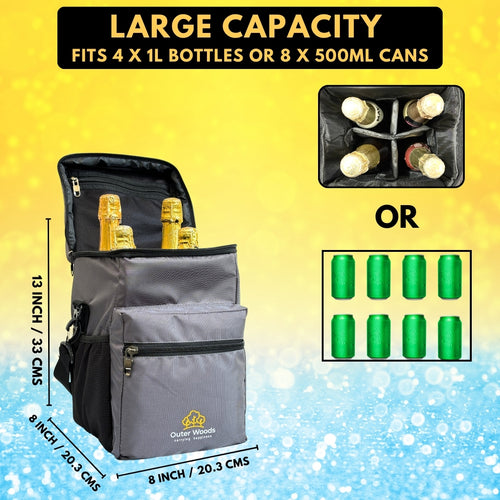 Outer Woods Insulated 4 Bottle Cooler Bag | 6+ Hours Cooling | Beverage Cooler Bag | 4 Units of Ice Gel Packs Included