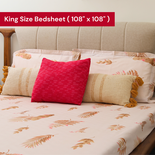 bellolin 100% Cotton 300TC King Size Bedsheet with 2 Pillow Covers (9ft x 9ft | 108 x 108 Inch | Light Orange, Leaf Pattern) Soft and Breathable Pure Cotton Flat Sheets for King, Queen, Double Beds