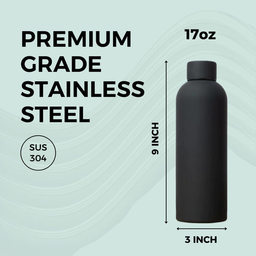 SuperGeneriX 17oz Matte Finish Stainless Steel Water Bottle | Vacuum Insulated Travel Bottle |12 hrs Hot & 18 hrs Cold| Smooth Rubber Finish Water Bottle (Black)
