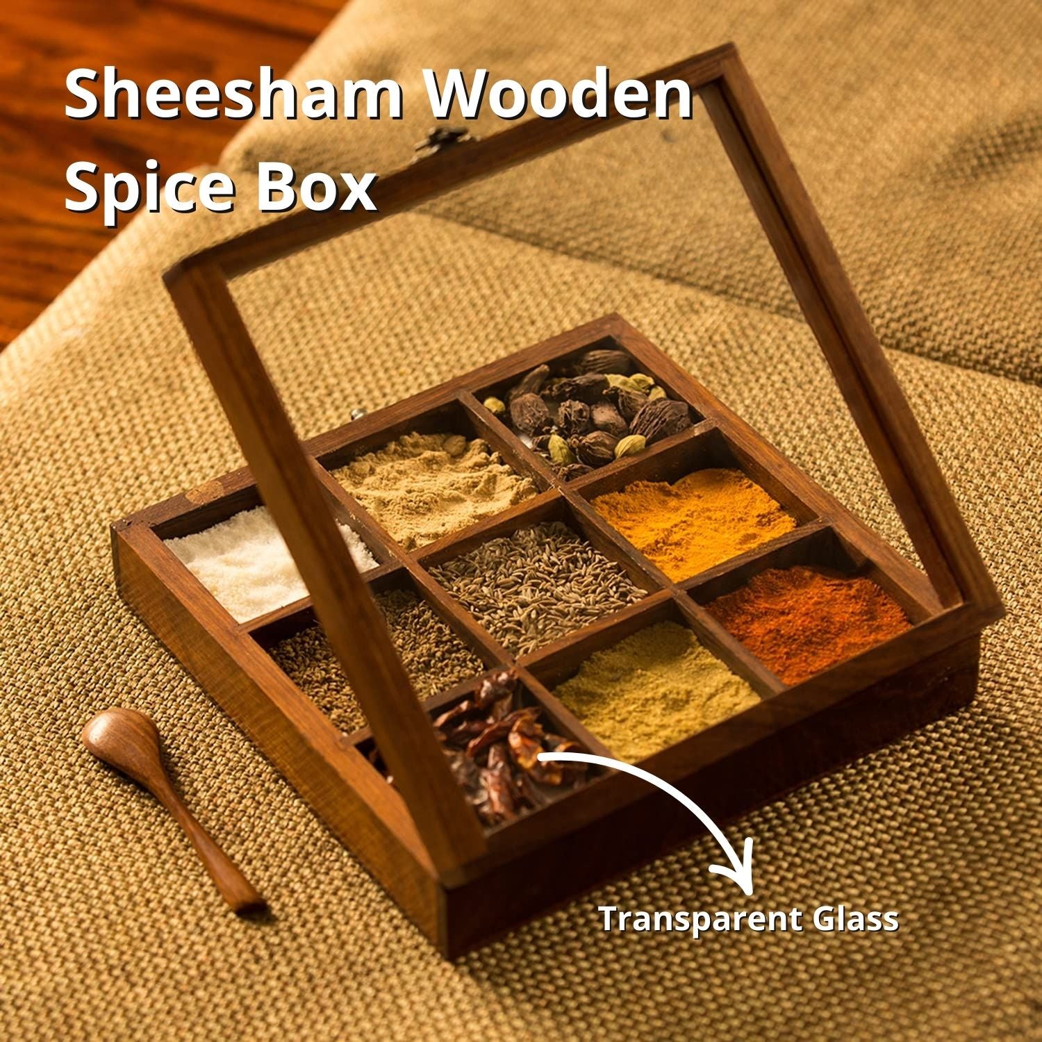 SuperGeneriX Wooden Spicebox with 9 Containers | Compact & Sustainable Masala Box with Spoon & Glass Lid for Kitchen | R