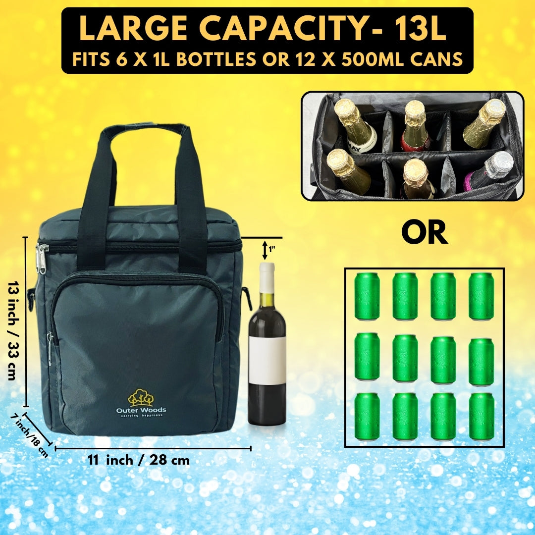 Outer Woods Insulated 6 Bottle Cooler Bag, with 6 Units of Ice Gel Packs, Wine Cooler Bag, Beer Cooler Bag, Insulated Bag, Fits 6 Full Size Bottles