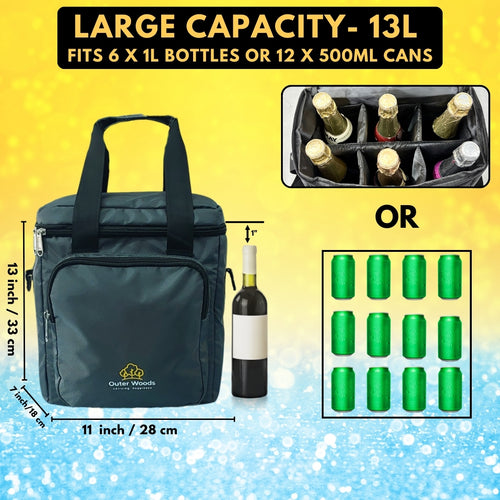 Outer Woods Insulated 6 Bottle Cooler Bag, with 6 Units of Ice Gel Packs, Wine Cooler Bag, Beer Cooler Bag, Insulated Bag, Fits 6 Full Size Bottles