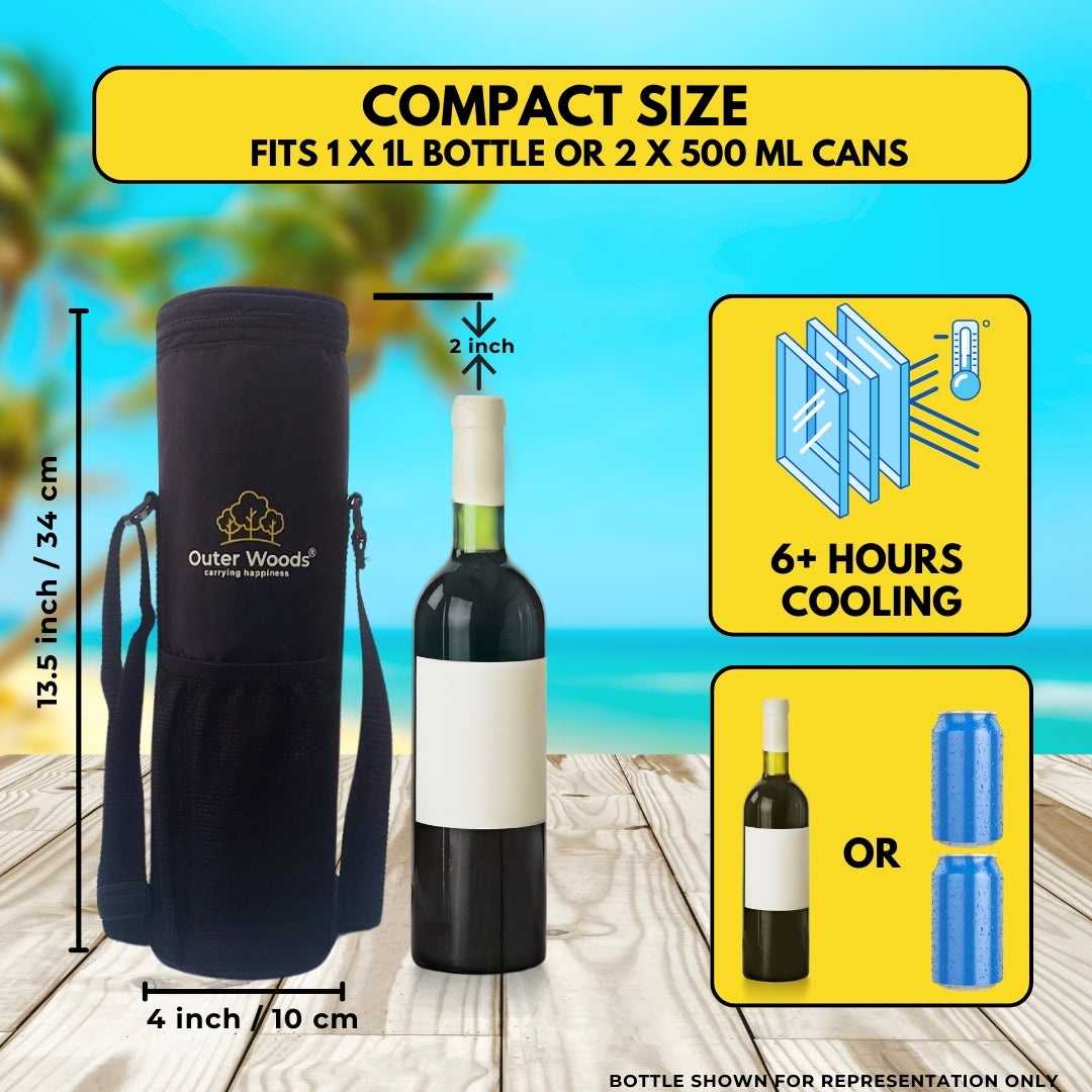 Outer Woods Insulated Cooler Bag for 1 Bottle with Adjustable Strap, Compact Wine Bottle Carrier for Travel & Outdoor, 6+ Hours Cooling, Beverage Cooler Bag