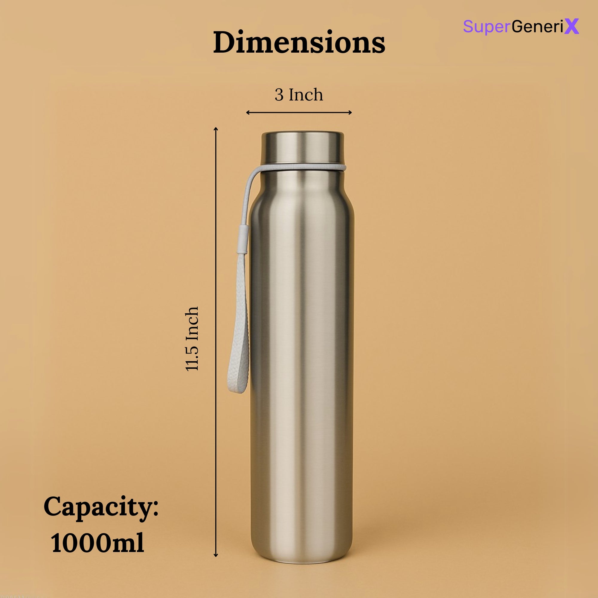SuperGeneriX Stainless Steel Water Bottle 1000ml | Single Wall Bottle for School, Office, Gym, Travel | Leakproof, Rust-