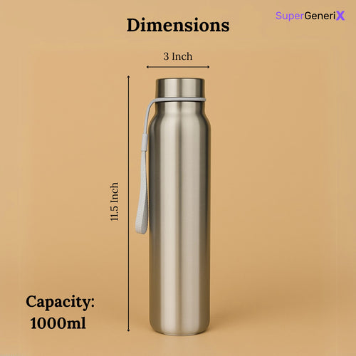 SuperGeneriX Stainless Steel Water Bottle 1000ml | Single Wall Bottle for School, Office, Gym, Travel | Leakproof, Rust-Free, Food Grade Steel – Silver