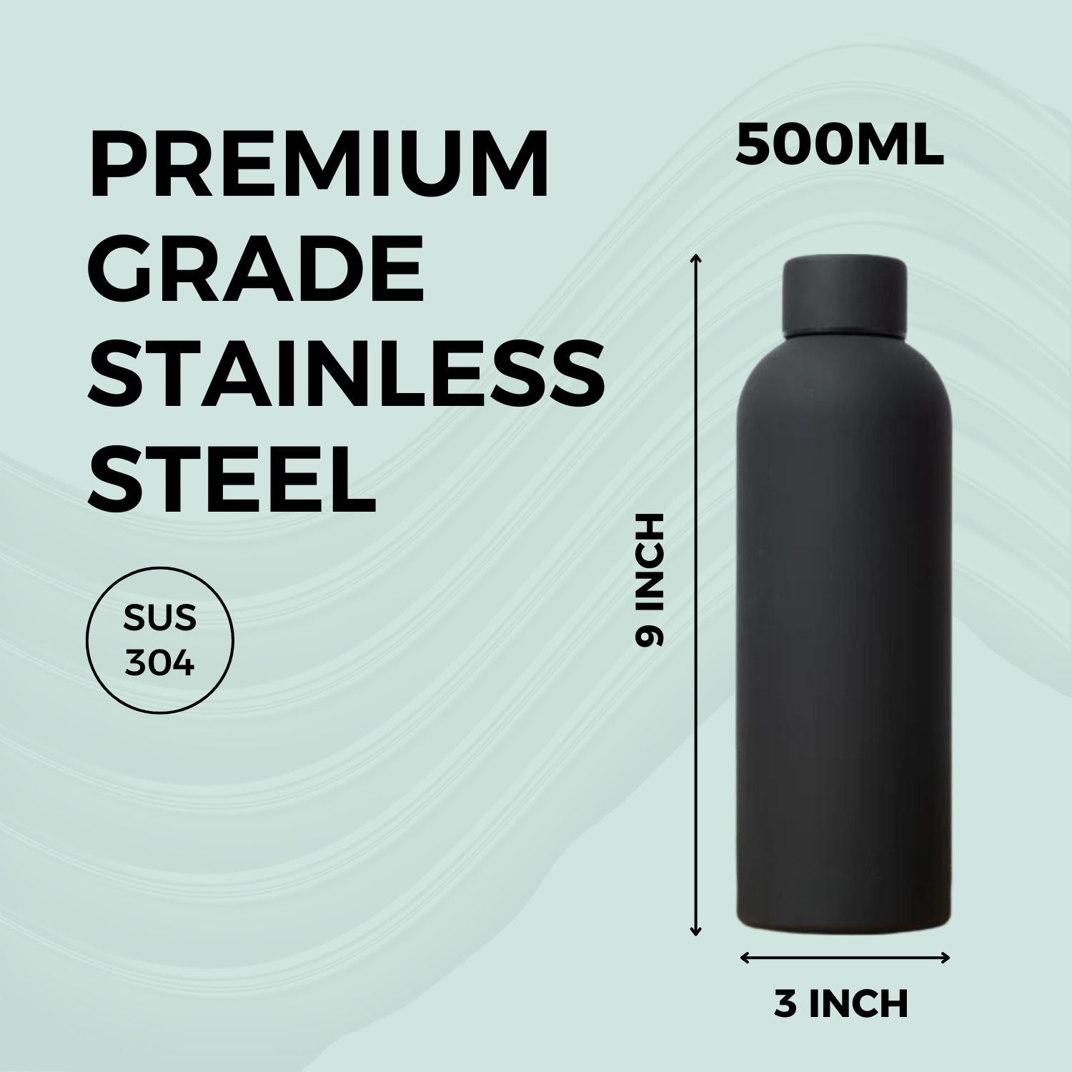 SuperGeneriX 17oz Matte Finish Stainless Steel Water Bottle | Vacuum Insulated Travel Bottle |12 hrs Hot & 18 hrs Cold| Smooth Rubber Finish Water Bottle (Black)