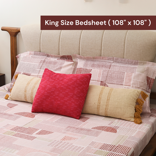 bellolin Cotton King Size Bedsheet Set | Gemoetric Pattern Light Red bedsheet with 2 Pillow Covers | 300 Thread Count Soft Bedsheet for Bedroom | Size -108 X 108 Inches