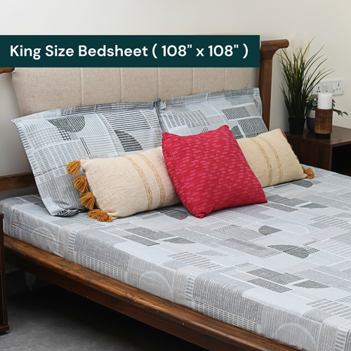 bellolin 100% Cotton 300TC King Size Bedsheet with 2 Pillow Covers (9ft x 9ft | 108 x 108 Inch | Grey, Geometric Pattern) Soft and Breathable Pure Cotton Flat Sheets for King, Queen, Double Beds