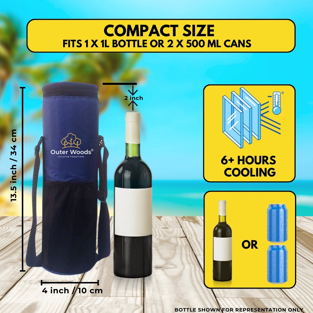 Outer Woods Insulated Cooler Bag for 1 Bottle with Adjustable Strap, Compact Wine Bottle Carrier for Travel & Outdoor, 6+ Hours Cooling, Beverage Cooler Bag