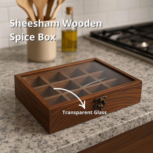 SuperGeneriX Sheesham Wooden Spicebox with 12 Containers with Spoon & Glass Lid, Compact & Sustainable Masala Box with Spoon for Kitchen, Rustic Sheesham Wood Spice Storage for Herbs & Spices