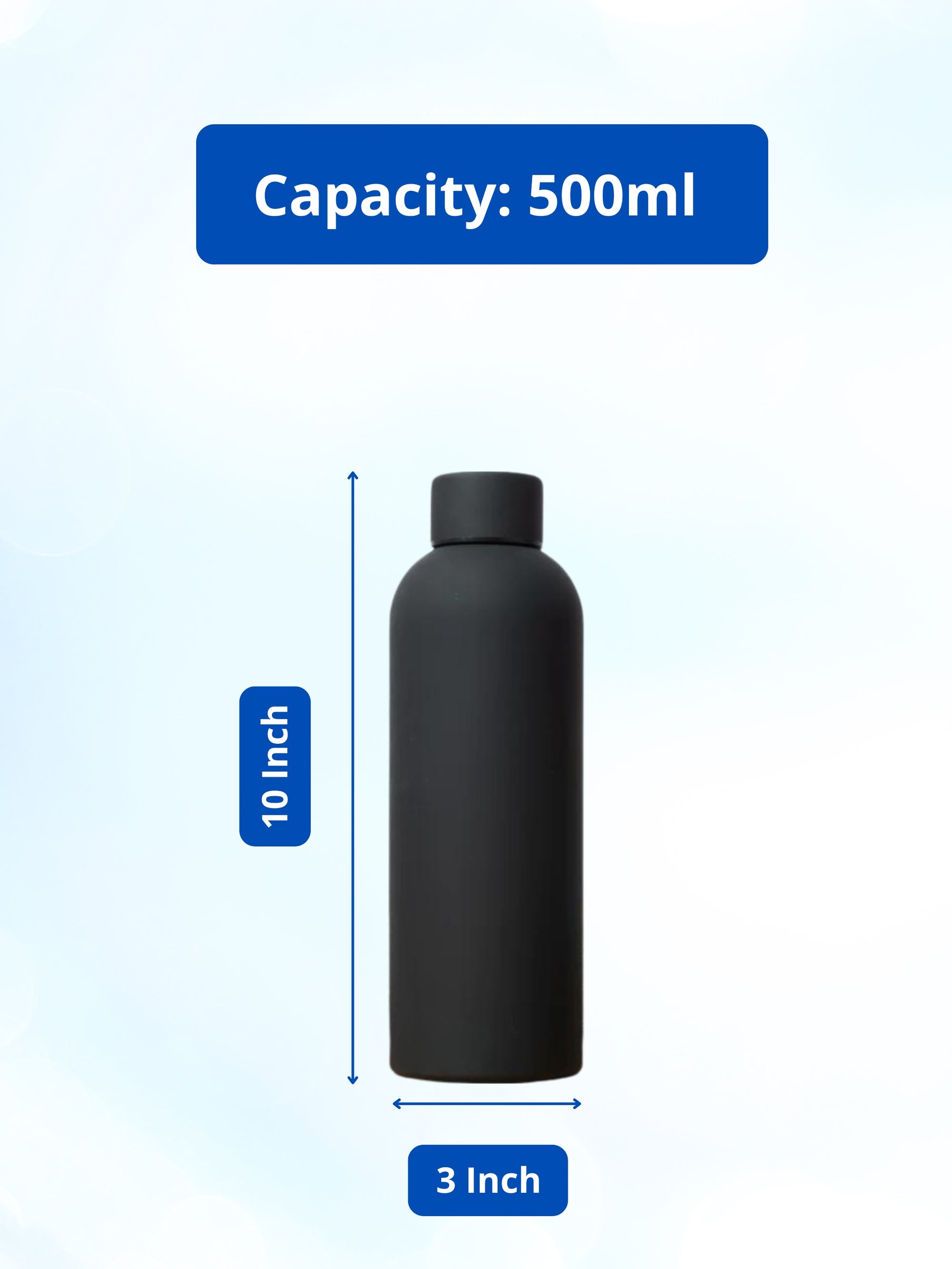 SuperGeneriX 17oz Matte Finish Stainless Steel Water Bottle | Vacuum Insulated Travel Bottle |12 hrs Hot & 18 hrs Cold| Smooth Rubber Finish Water Bottle (Black)