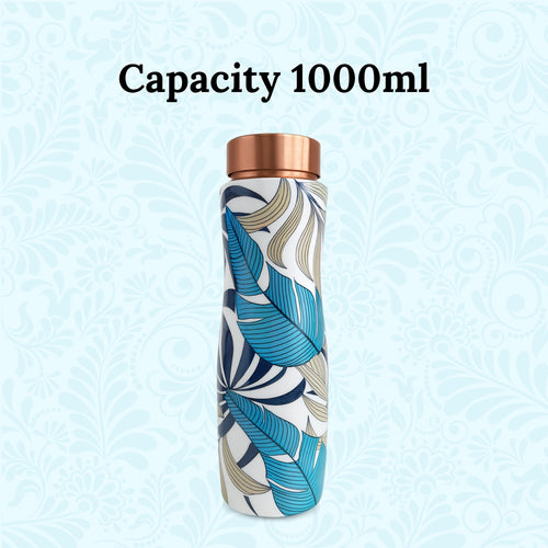SuperGeneriX Copper Water Bottle (1 Litre), Leakproof, Pure Copper Water Bottle, Tamba Bottles, Authentic, Durable Bottle for Everyday Use (Blue Leaf Print)