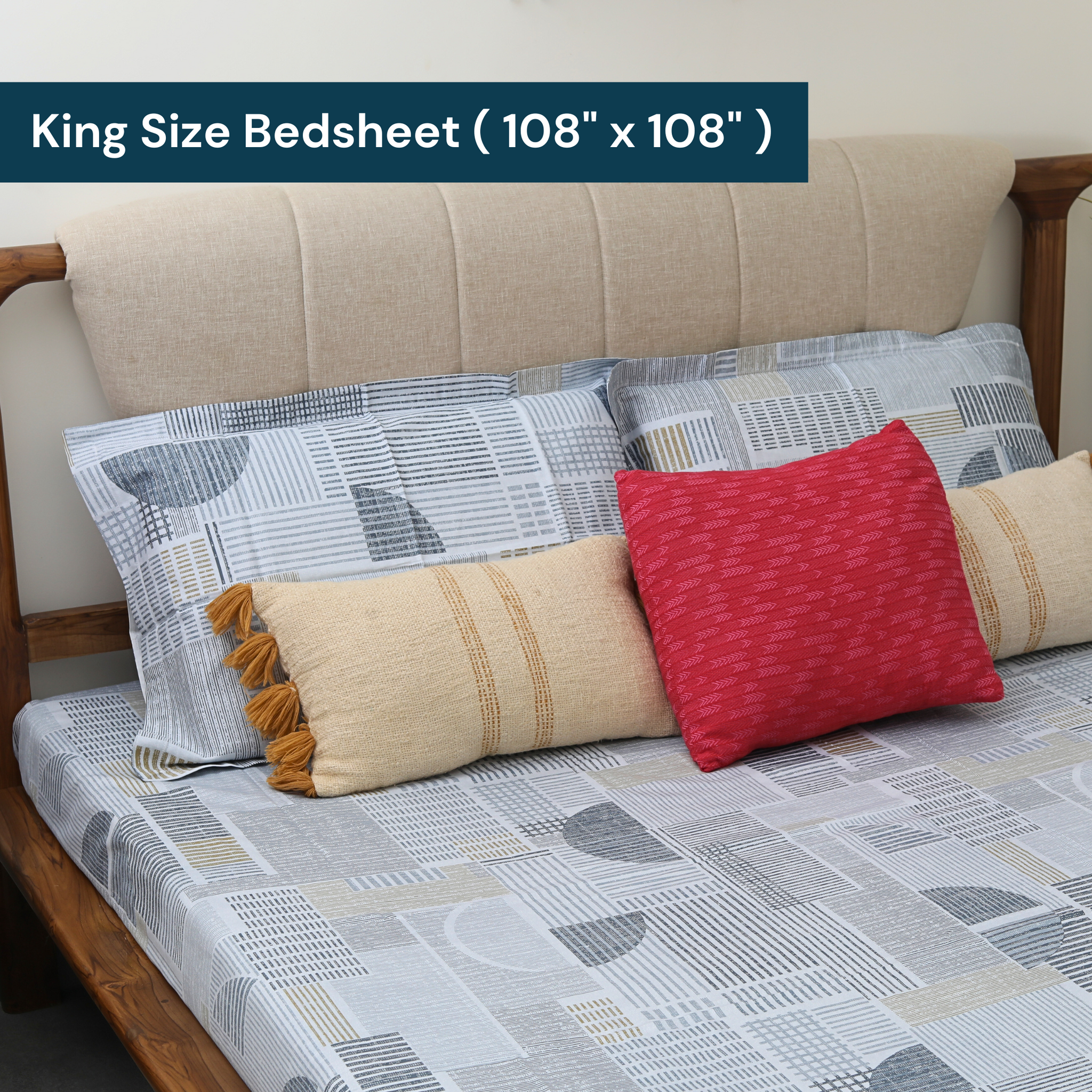 bellolin Cotton King Size Bedsheet Set I Geometric Pattern Light Blue Bedsheet with 2 Pillow Covers I Soft Breathable Be