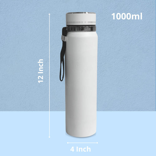 SuperGeneriX 1000ml Stainless Steel Water Bottle with Carry Rope | Leak Proof Double Walled Vacuum Insulated Thermosteel Water Bottle, Drinking Bottle for Office, Gym & Travel (1000ml, White)