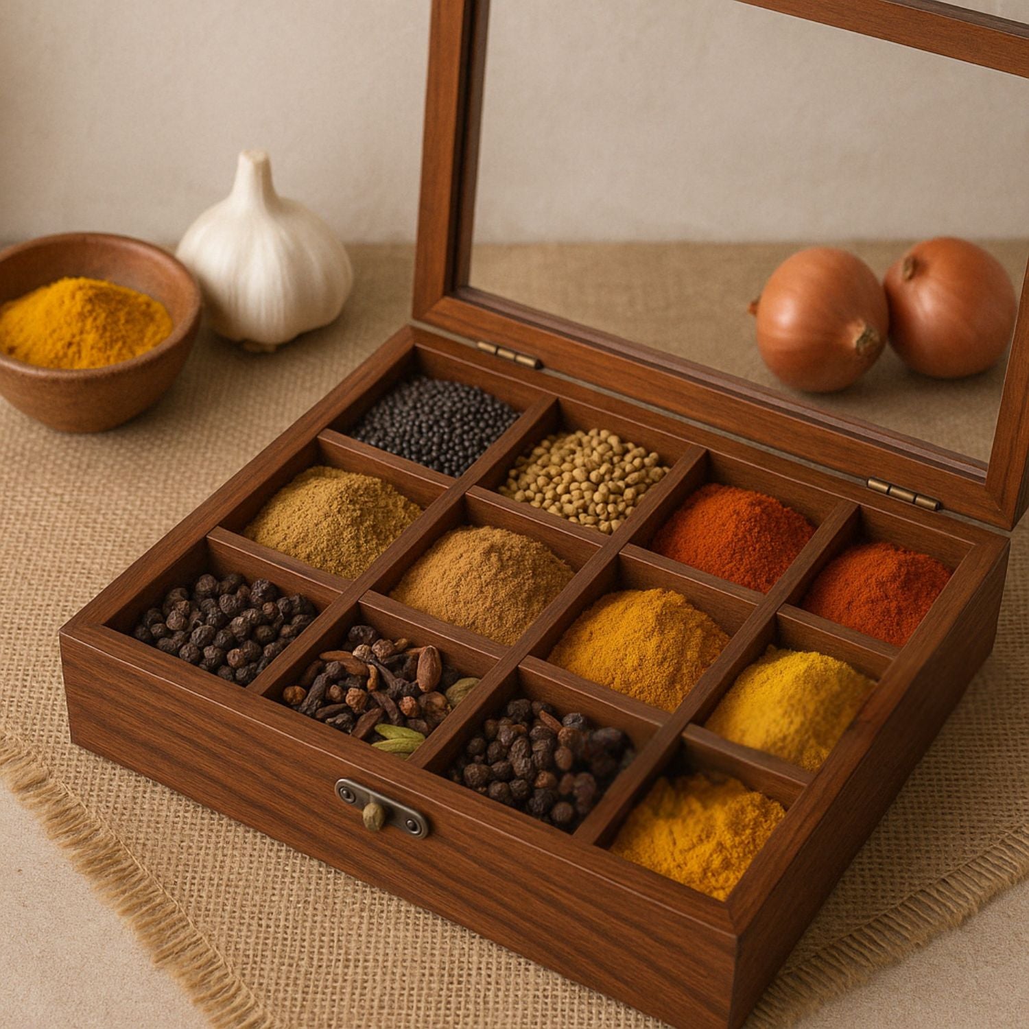 SuperGeneriX Sheesham Wooden Spicebox with 12 Containers with Spoon & Glass Lid, Compact & Sustainable Masala Box with S