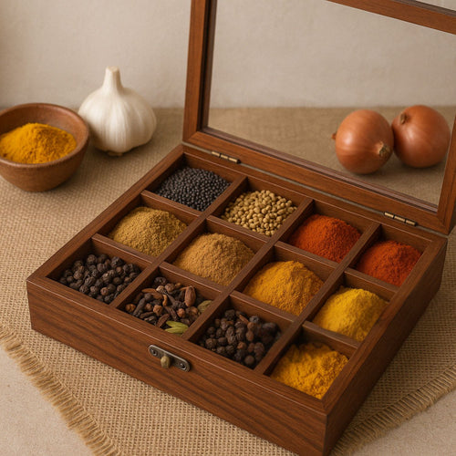 SuperGeneriX Sheesham Wooden Spicebox with 12 Containers with Spoon & Glass Lid, Compact & Sustainable Masala Box with Spoon for Kitchen, Rustic Sheesham Wood Spice Storage for Herbs & Spices
