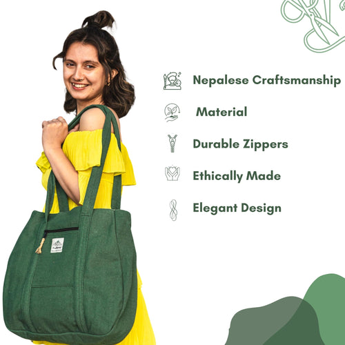 TruHemp Himalayan Hemp Tote Bag– Spacious Shopping Tote with Dual Zippered Compartments, Durable Market Bag with Cotton Lining, 10L Capacity