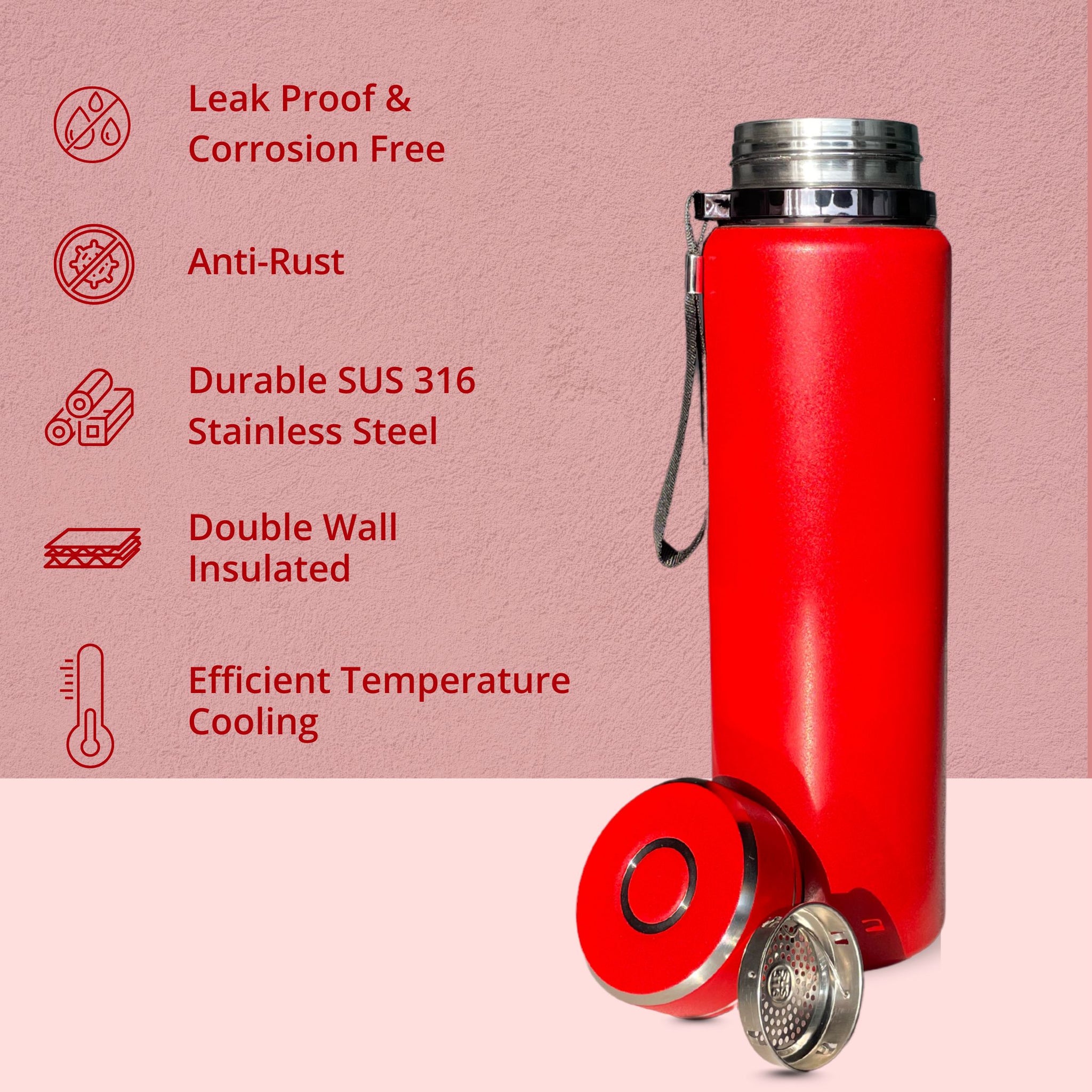 SuperGeneriX Stainless Steel Water Bottle with Carry Rope | Leak Proof Insulated Thermosteel Water Bottle, Matte Finish 
