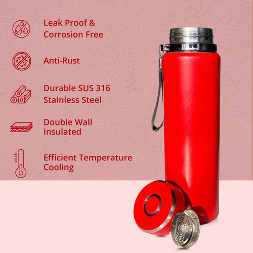 SuperGeneriX Stainless Steel Water Bottle with Carry Rope | Leak Proof Insulated Thermosteel Water Bottle, Matte Finish Drinking Bottle for Office, Gym & Travel (1, Red, 1000 ml)