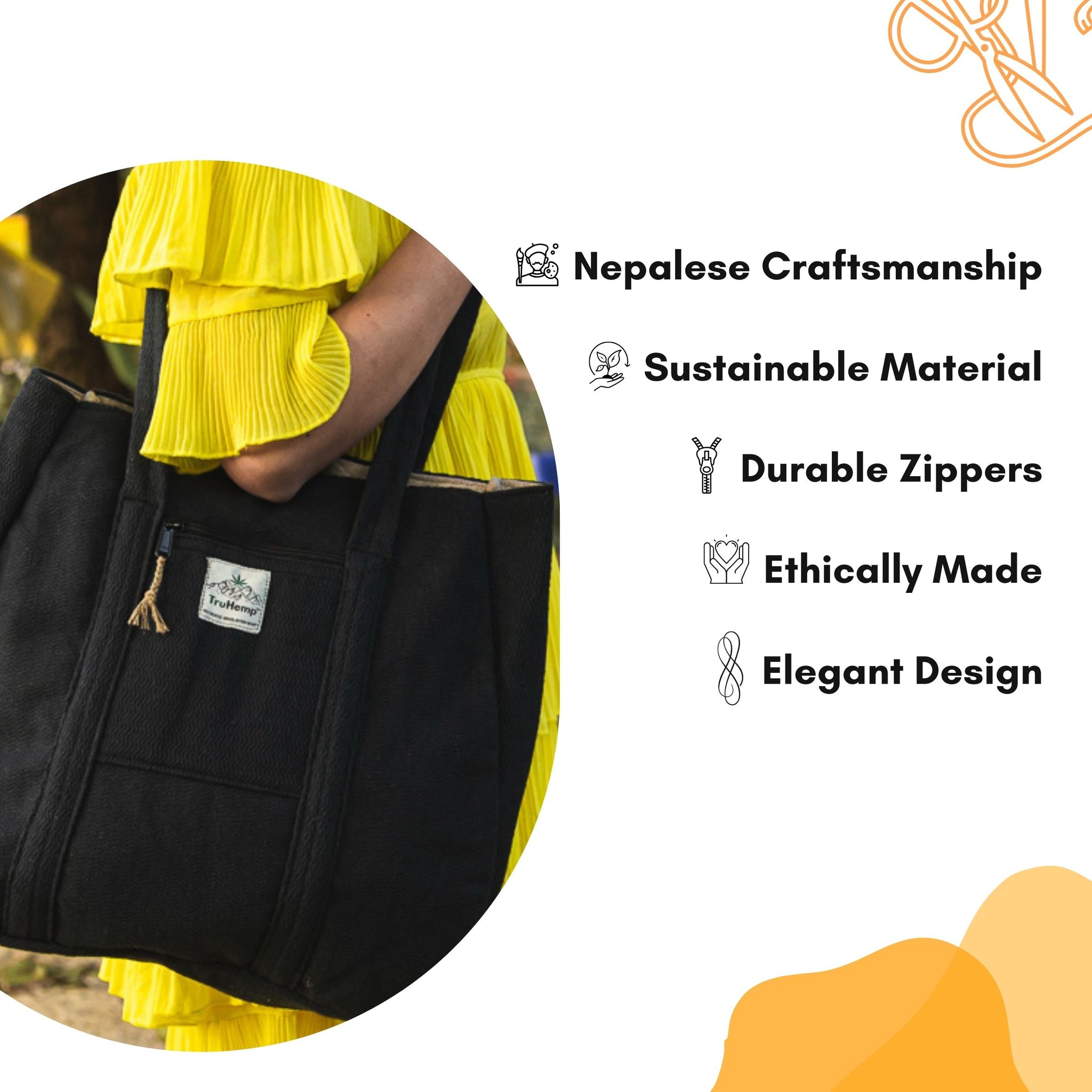 TruHemp Himalayan Hemp Tote Bag– Spacious Shopping Tote with Dual Zippered Compartments, Durable Market Bag with Cotton Lining, 10L Capacity