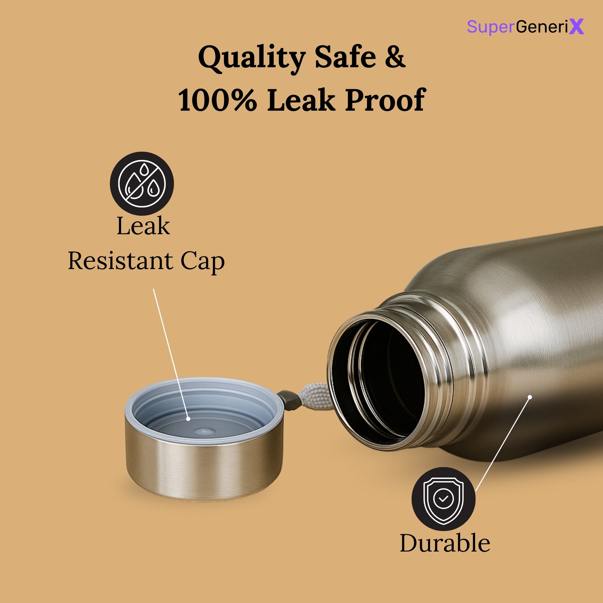 SuperGeneriX Stainless Steel Water Bottle 1000ml | Single Wall Bottle for School, Office, Gym, Travel | Leakproof, Rust-