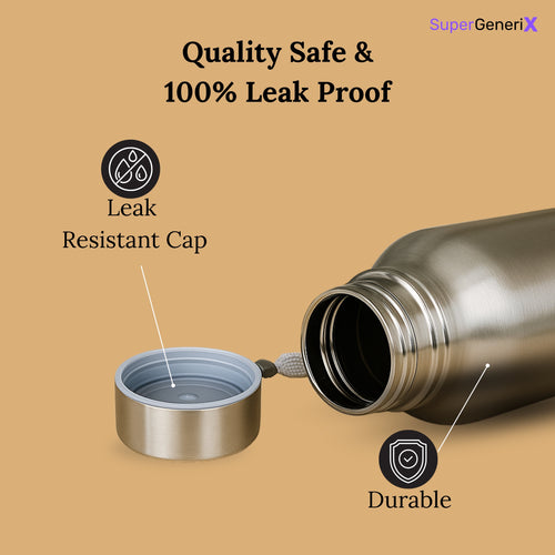 SuperGeneriX Stainless Steel Water Bottle 1000ml | Single Wall Bottle for School, Office, Gym, Travel | Leakproof, Rust-Free, Food Grade Steel – Silver