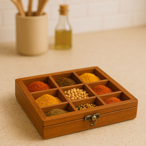 SuperGeneriX Wooden Spicebox with 9 Containers | Compact & Sustainable Masala Box with Spoon & Glass Lid for Kitchen | Rustic Wooden Spice Storage for Herbs & Spices (7.5