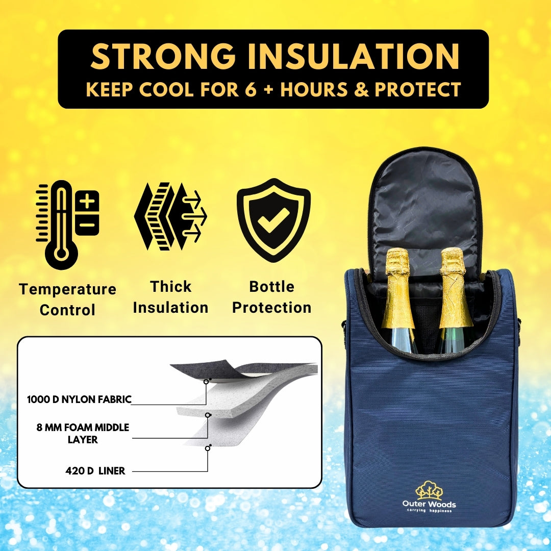 Outer Woods Nylon Insulated 2 Bottle Bag, 360° Insulation and Portable Padded Protection for Glass Bottles, Ideal for Carrying Wine, Beer, Whisky, Vodka, Soda, Juice, Milk and Water