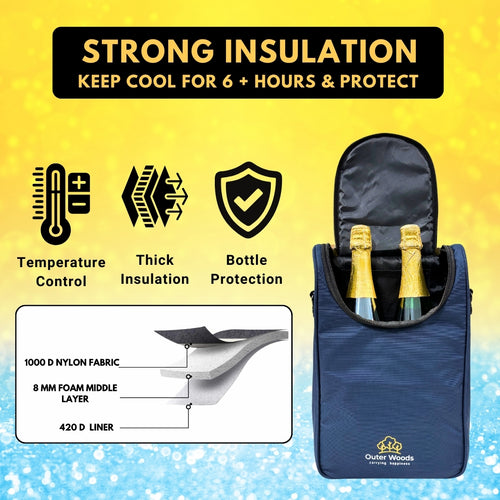 Outer Woods Nylon Insulated 2 Bottle Bag, 360° Insulation and Portable Padded Protection for Glass Bottles, Ideal for Carrying Wine, Beer, Whisky, Vodka, Soda, Juice, Milk and Water