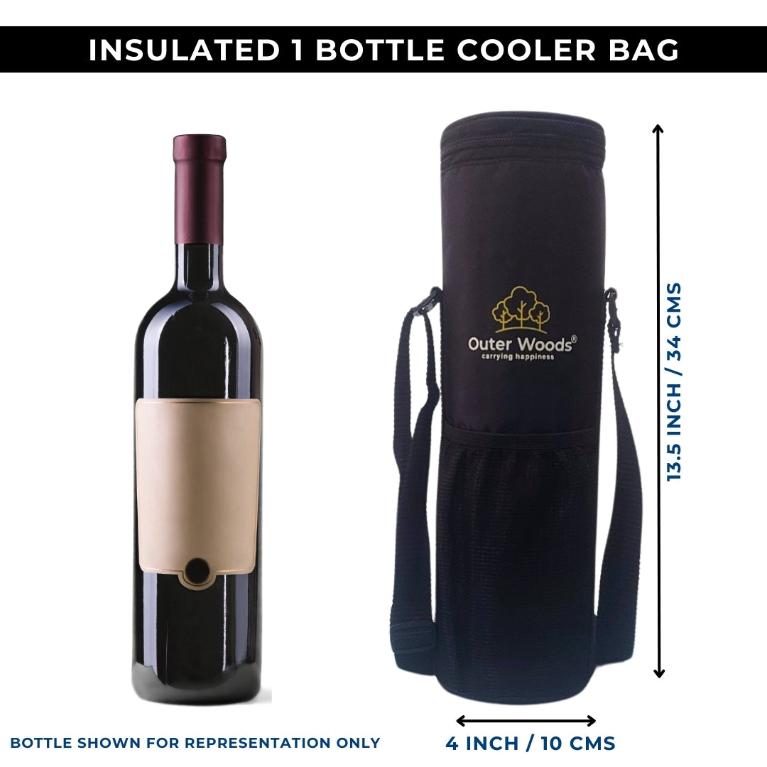 Outer Woods Insulated Cooler Bag for 1 Bottle with Adjustable Strap, Compact Wine Bottle Carrier for Travel & Outdoor, 6+ Hours Cooling, Beverage Cooler Bag