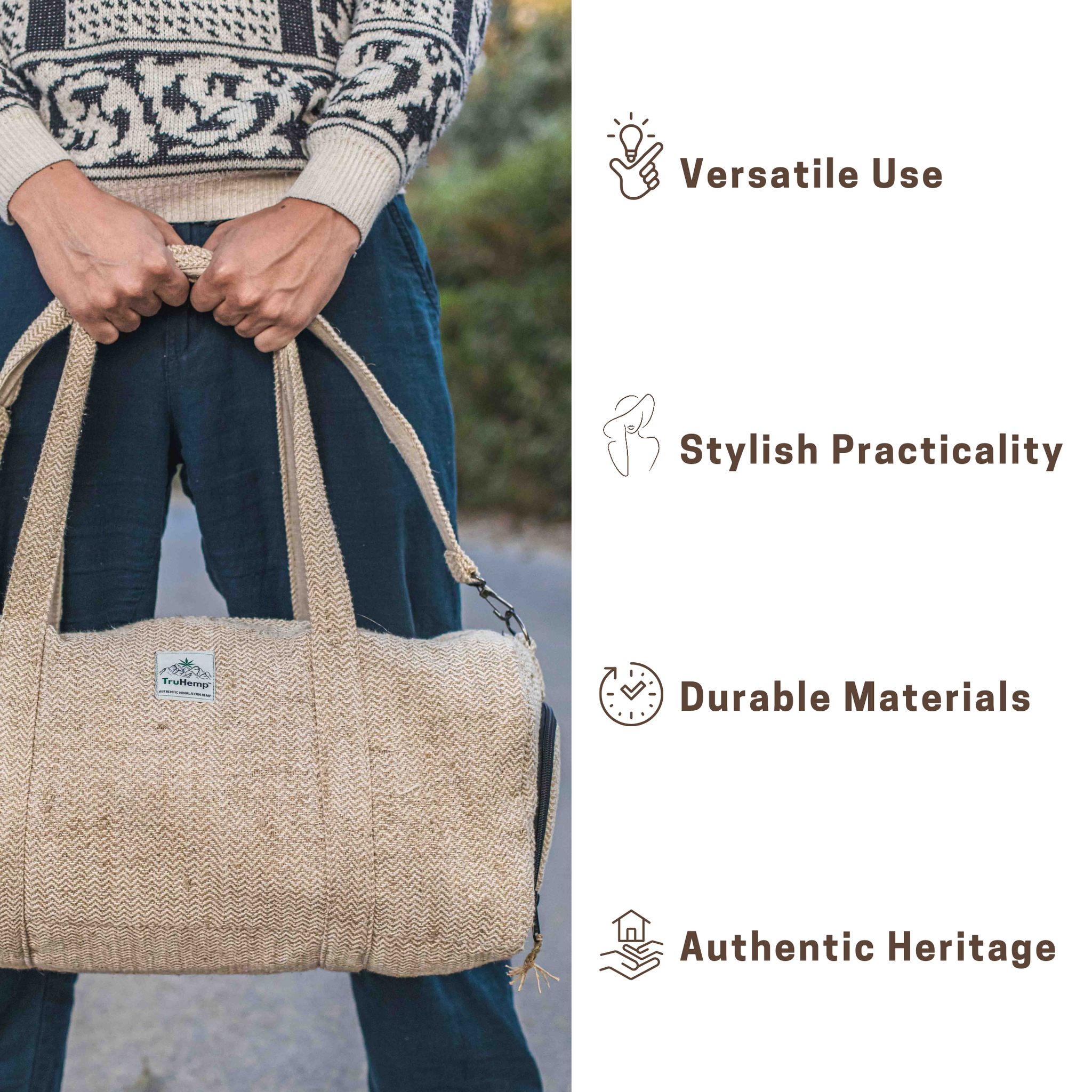 TruHemp Hemp Duffle Bag– Natural Travel Gym Bag with Shoe Compartment, Durable 30L Capacity with Dual YKK Zippered Sections