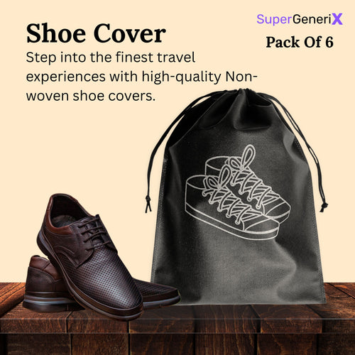 SuperGeneriX Premium Shoe Cover Bags| Large 16x12 Travel Shoe Pouches | Non-Woven, Dustproof Storage Bags | Drawstring Closure, No Window – Classic Black