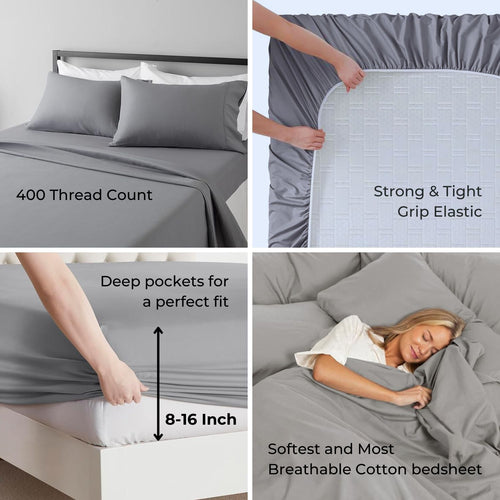 bellolin 100% Cotton Bed Sheet Set with Deep Pocket, 400 Thread Count Extra Soft Bed Sheet, Cooling Sheet with 2 Pillow Covers - 4 Piece Set