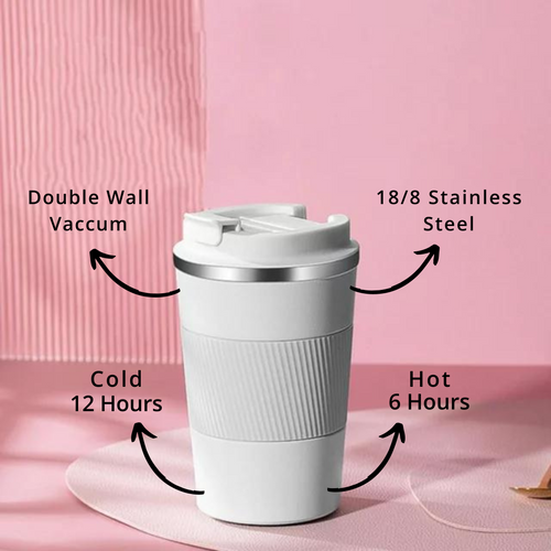 SuperGeneriX 500 ml Insulated Coffee Travel Mug, Double Walled Stainless Steel Tumbler, Insulated Cup with Leakproof Lid, Thermal Mug with Non-Slip Protective Cover (White)