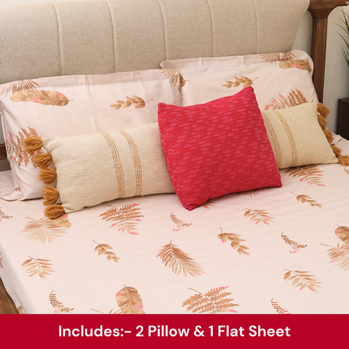bellolin 100% Cotton 300TC King Size Bedsheet with 2 Pillow Covers (9ft x 9ft | 108 x 108 Inch | Light Orange, Leaf Pattern) Soft and Breathable Pure Cotton Flat Sheets for King, Queen, Double Beds