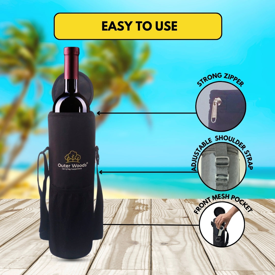 Outer Woods Insulated Cooler Bag for 1 Bottle with Adjustable Strap, Compact Wine Bottle Carrier for Travel & Outdoor, 6+ Hours Cooling, Beverage Cooler Bag